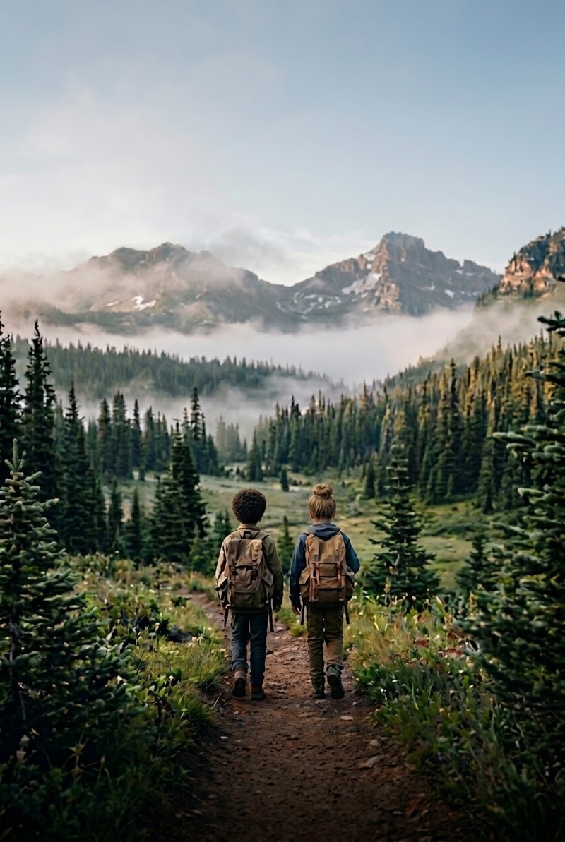 purpose. — Children hiking on mountain trail toward wild peaks